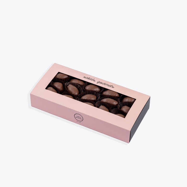 Delicious dates coated in creamy milk chocolate, handcrafted for a delightful treat