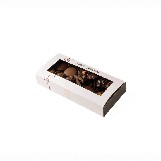 Box of chocolates with a clear window on a white background