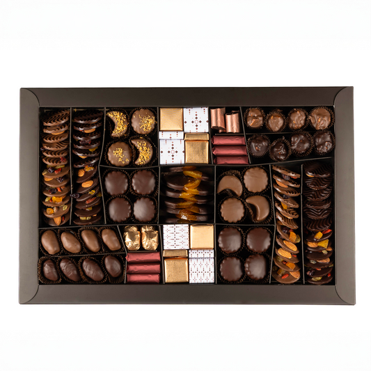 Assorted chocolates in a decorative box on a white background