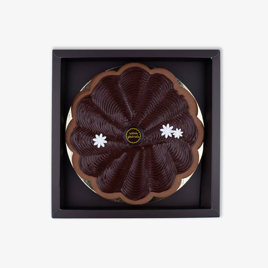 Handcrafted dark chocolate Sablé tart, perfect for special occasions